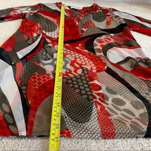 BELLISSIMA red tan gem embellished V-neckline sheer coverup blouse Sz S 🇨🇦🔥 - Picture 8 of 11